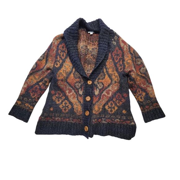 J. Jill Sweaters - J. Jill Shawl Collar Button Front Patterned Cardigan in Navy, Rust, Gold